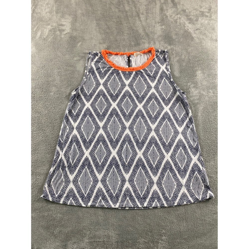 Tribal Jeans Womens Navy White Diamond Print Orange Fringe Trim Tank Top Size M